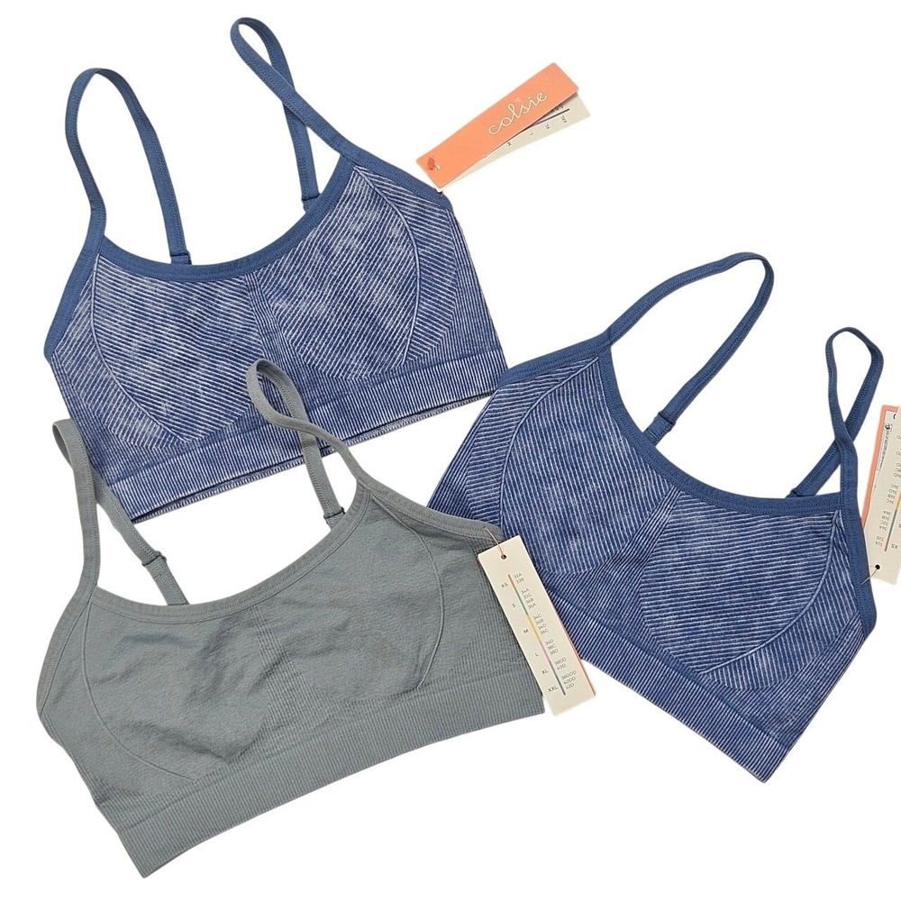 Colsie Seamless Sports Bra Tank Top Blue Striped Grey‎ Athletic Workout Girls XS